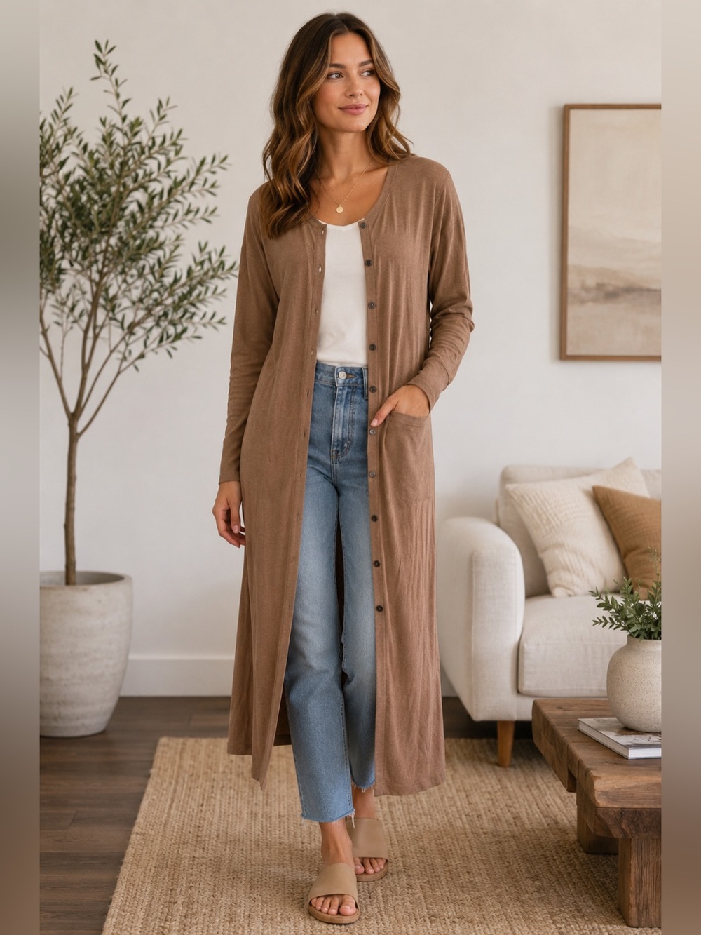 Madewell XS Duster Cardigan Dress Brown Minimalist Long‎ Sleeve Lounge Layering